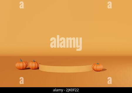 Herbst kreatives Konzept Kürbis matt Podium Szene 3D Rendering. Halloween Thanksgiving saisonales Sale-Design. Präsentation der Produktphase. Herbst A Stockfoto