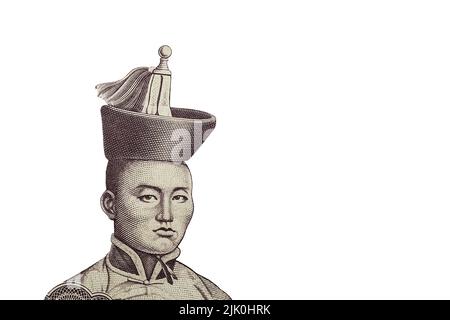 Damdin Sukhbaatar auf weißem Hintergrund. Porträt einer mongolischen Banknote mit 100 Tugrik. Stockfoto