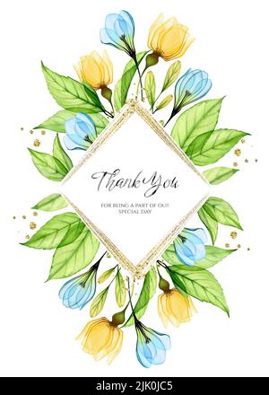 Vorlage für Aquarell-Karten. Dankestext im Rhombenrahmen mit goldenem Glitzer. Florale Komposition mit gelben und blauen Rosen. Abstraktes Banner mit Stockfoto