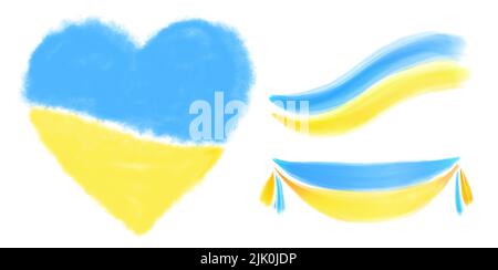 Ukraine Land Aquarell Flaggen. Sammlung von drei Freiheitszeichen. Handbemalte ukrainische Bänder und Herz isoliert auf weißem Hintergrund. Blau und Stockfoto