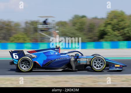 Magyorod, Ungarn. 29.. Juli 2022. Magyorod, Ungarn. Juli 29. 2022. F2 großer Preis von Ungarn bei Hungaroring, Ungarn. Im Bild: #6 Logan Sargeant (USA) von Carlin während der ersten Trainingseinheit Credit: Piotr Zajac/Alamy Live News Stockfoto