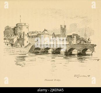 Thomond Bridge, an old Bridge across the River Shannon from the guide book ' THE FAIR HILLS OF IRELAND' by STEPHEN GWYNN WITH ILLUSTRATIONS BY HUGH THOMSON Veröffentlicht 1906 Dublin: MAUNSEL AND CO., Limited London: MACMILLAN AND CO., Limited NEW YORK : THE MACMILLAN COMPANY Stockfoto