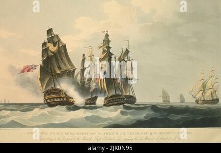Die Verlobung von Sir Samuel Hood mit dem französischen Geschwader vor Rochefort, 25. September 1806. Hood’s Action against the Rochefort Squadron, 25. September 1806, Gravur von John Heaviside Clark, die im Vordergrund den Monarch Capt. Richard Lee darstellt und die La Minerve, L'Armide & La Glore fesseln. Originalzeichnung an Bord des Monarchen das Schiff auf der linken Seite dieser Ansicht, das mit dem Roten Schild fliegt, ist der Monarch, der auf den Minerve schießt. Während dieser Aktion wurde die Kapuze in den Ellbogen geschossen, wodurch sein Arm amputiert wurde. Stockfoto