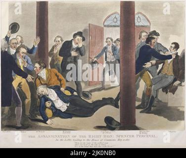 Der britische Premierminister Spencer Perceval wird von John Bellingham ermordet, Zeichnung von John Heaviside Clark am 11. Mai 1812, gegen 5:15 Uhr, Spencer Perceval, der Premierminister des Vereinigten Königreichs von Großbritannien und Irland, Wurde in der Lobby des Unterhauses von John Bellingham, einem Kaufmann aus Liverpool, mit einer Beschwerde gegen die Regierung, getötet. Bellingham wurde festgenommen und vier Tage nach dem Mord vor Gericht gestellt, verurteilt und zum Tode verurteilt. Er wurde am 18. Mai, eine Woche nach dem Attentat und einen Monat vor Beginn des Krieges von 1812, im Newgate Gefängnis gehängt. Perceva Stockfoto