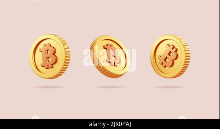 Verschiedene Bitcoin BTC Goldmünzen isoliert auf neutralem Hintergrund in 3D Cartoon-Illustration. Kryptowährung, 2p2 Exchange und Blockchain-Technologie con Stockfoto