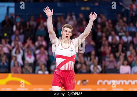 BIRMINGHAM, Großbritannien. 29.. Juli 2022. Daniel Lee (JEY) tritt am Freitag, den 29. Juli 2022 in BIRMINGHAM, GROSSBRITANNIEN, in der Birmingham Arena in der Floor Exercise während des Mannschaftsfinales und der Einzelqulifzierung von Birmingham 2022 - Commonwealth Games auf. Kredit: Taka Wu/Alamy Live Nachrichten Stockfoto