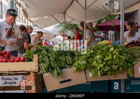 Santanyi, Spanien; juli 09 2022: Wochenmarkt auf der Straße in der mallorquinischen Stadt Santanyi. Obst und Gemüse Stände. Insel Mallorca, Spanien. Stockfoto