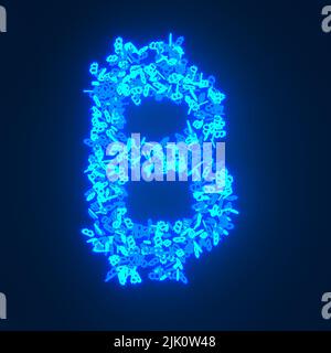 Verstreute blaue Neon-Figur auf schwarzem Hintergrund isoliert Stockfoto