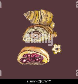 Aquarell handgezeichnete Illustrationen zwei frisch gebackene Croissants, ein Stück mit Schokolade und Kirschkuchen, isoliert auf dunklem Hintergrund Stockfoto