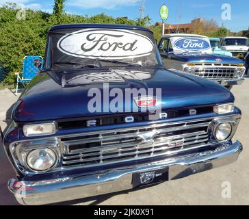 Ford ovales Logo und Marke auf der Windschutzscheibe eines alten blauen F100 Utility Pickup Truck 1966. Vorderansicht. Expo Fierros 2022 Oldtimer-Show Stockfoto