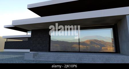 Eingang zu einem Luxushaus. Schiebetüren aus Glas. Fertigstellung der Veranda mit Beton. Die Wand ist aus schwarzem Ziegelstein. 3D Rendern. Stockfoto