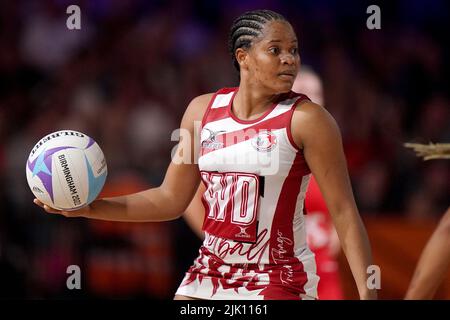 Janeisha Cassimy aus Trinidad und Tobago beim Pool B Netball-Spiel zwischen England und Trinidad und Tobago im NEC am ersten Tag der Commonwealth Games 2022 in Birmingham in Aktion. Bilddatum: Freitag, 29. Juli 2022. Stockfoto