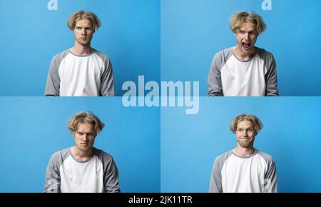 Eine Reihe verschiedener Emotionen. Collage mit vier verschiedenen Emotionen in einem jungen Mann im Langarm-T-Shirt auf blauem Hintergrund. Stockfoto