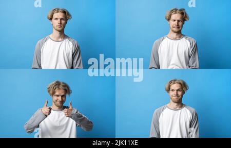 Set von jungen Mannes Porträts mit verschiedenen glücklichen und traurigen Emotionen. Collage mit vier verschiedenen Emotionen. Stockfoto