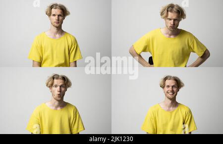 Eine Reihe verschiedener Emotionen. Collage mit vier verschiedenen Emotionen in einem jungen Mann in gelbem T-Shirt auf weißem Hintergrund. Stockfoto