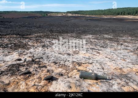 Hankley Common Wildfire, Surrey, England, Großbritannien. Fotografiert 5 Tage nach dem Großbrand, der am 24.. Juli 2022 ausbricht, und wurde vom Surrey Fire & Rescue Service zu einem Großschaden erklärt. Dies war das dritte einer Reihe von Bränden, die während des heißen, trockenen Wetters im Juli dieses Jahres üblich waren. Eine Fläche von 50 oder mehr Hektar Heide, ein wertvoller Lebensraum für bodenbrütende Vögel und seltene Reptilien, wurde zerstört. Die Feuerwehr überwacht weiterhin den Standort und dämpft alle Hotspots. Die Ursache des Feuers bleibt unbekannt. Stockfoto