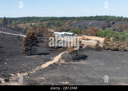 Hankley Common Wildfire, Surrey, England, Großbritannien. Fotografiert 5 Tage nach dem Großbrand, der am 24.. Juli 2022 ausbricht, und wurde vom Surrey Fire & Rescue Service zu einem Großschaden erklärt. Dies war das dritte einer Reihe von Bränden, die während des heißen, trockenen Wetters im Juli dieses Jahres üblich waren. Eine Fläche von 50 oder mehr Hektar Heide, ein wertvoller Lebensraum für bodenbrütende Vögel und seltene Reptilien, wurde zerstört. Die Feuerwehr überwacht weiterhin den Standort und dämpft alle Hotspots. Die Ursache des Feuers bleibt unbekannt. Stockfoto