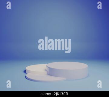 Auf dem Hintergrund steht eine weiße 3D-Darstellung eines blauen Pastellprodukts Stockfoto