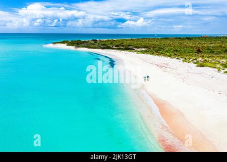 Mann und Frau laufen während der Flitterwochen glücklich Hand in Hand am idyllischen Strand, Blick von oben, Barbuda, Antigua und Barbuda, Westindien, Karibik Stockfoto