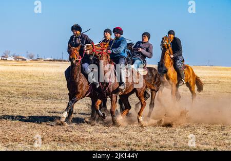 Männer üben Kokpar, nationales Pferdespiel, Kasachstan, Zentralasien, Asien Stockfoto