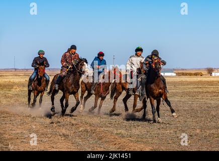 Männer üben Kokpar, nationales Pferdespiel, Kasachstan, Zentralasien, Asien Stockfoto