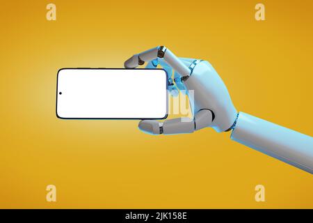 Roboterhand, die ein Mobiltelefon mit einem leeren Bildschirm in horizontaler Ausrichtung hält. 3D Abbildung. Stockfoto