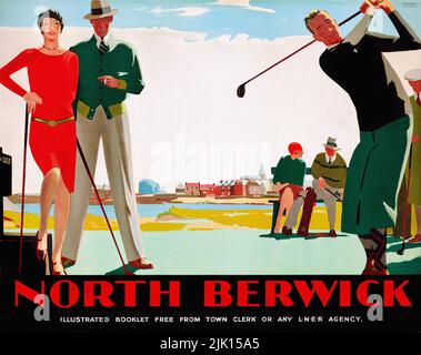 Vintage Werbeplakat: Andrew Johnson - NORTH BERWICK, 1930 - Golfspieler auf dem Platz. LNER. Vintage Railway Poster - Schottland Stockfoto