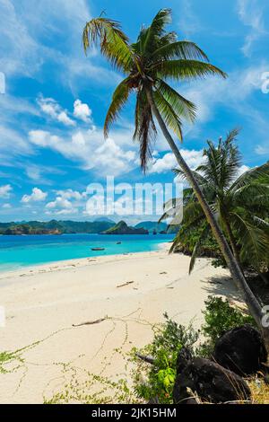 Weißer Sandstrand der Mahoro-Insel mit den Inseln Masare und Pahepa im Hintergrund, Mahoro, Siau, Sangihe-Archipel, Nord-Sulawesi, Indonesien Stockfoto