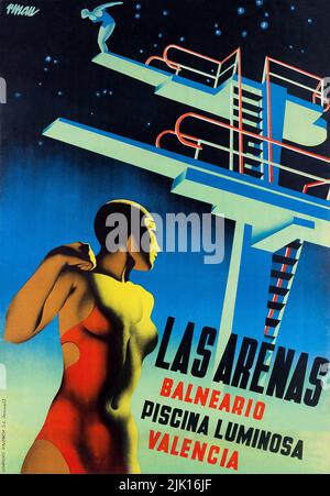 Vintage Art Deco Travel Poster - Valencia LAS ARENAS BALNEARIO PISCINA LUMINOSA. 1932. Stockfoto