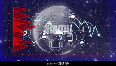 Bild der Datenverarbeitung auf der ganzen Welt mit Symbolen Stockfoto