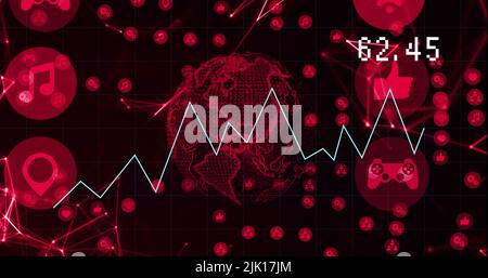 Bild der Datenverarbeitung auf der ganzen Welt mit Symbolen Stockfoto