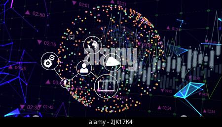 Bild der Datenverarbeitung auf der ganzen Welt mit Symbolen Stockfoto