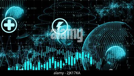 Bild der Datenverarbeitung auf der ganzen Welt mit Symbolen Stockfoto