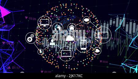 Bild der Datenverarbeitung auf der ganzen Welt mit Symbolen Stockfoto