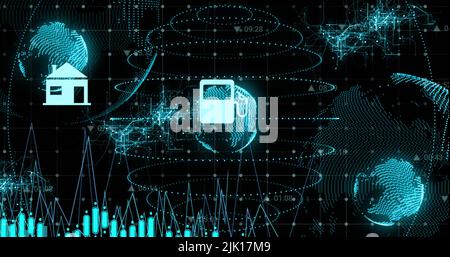 Bild der Datenverarbeitung auf der ganzen Welt mit Symbolen Stockfoto