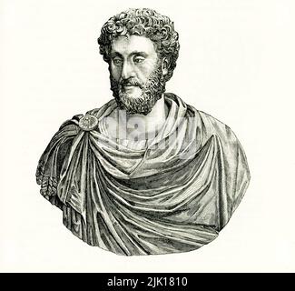 Auf der Überschrift von 1884 steht: 'Commodus - Marmorbüste gefunden in Ostia- im Vatikan.' Commodus war der einzige überlebende Sohn des römischen Kaiser Marcus Aurelius und wurde handverlesen, um als Kaiser seinen Vater zu folgen. Als Commodus 15 Jahre alt war, nannte ihn sein Vater als Mitkaiser, und mit 17 Jahren schloss sich Commodus seinem Vater an die Grenzgebiete an, wo Marcus Aurelius römische Truppen in den Kampf führte. Commodus wurde mit 19 zum Kaiser gekrönt, als Marcus Aurelius starb. Commodus regierte, bis er 192 ermordet wurde. Stockfoto