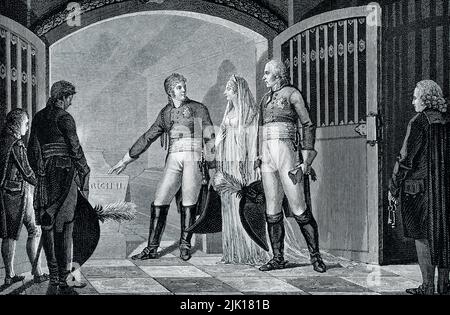 Die Legende von 1906 lautet: „ALEXANDERS EID AM GRAB FRIEDRICHS DES GROSSEN. – Alexander I., der durch den tragischen Tod Pauls Zar wurde, trat Österreich und Preußen bei, um sich Napoleon zu widersetzen. Mit Louise und Friedrich Wilhelm, den preußischen Herrschern, ging er in das Grab des preußischen Helden Friedrich des Großen hinab, und dort schwor der König mit feierlichem Enthusiasmus, gemeinsam gegen die französische Aggression zu stehen.“ Alexander I. war von 1801 bis zu seinem Tod 1825 Kaiser von Russland. Stockfoto