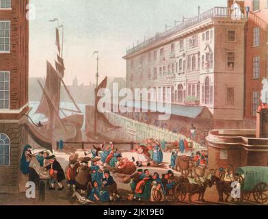 Billingsgate Fish Market c1808-1810. Ein Druck aus dem 'Mikrokosmos von London', von William Henry Pyne (1770-1843). Illustriert von Thomas Rowlandson (1756-1827) und Auguste Charles Pugin (1762-1832). Es gab einen Fischmarkt auf Billingsgate Wharf bereits im 16.. Jahrhundert, aber es wurde nicht formell etabliert, bis ein Gesetz des Parlaments im Jahr 1699. Hier zeigt Rowlandson den ursprünglichen Open-Air-Fischmarkt von Billingsgate aus dem frühen 19.. Jahrhundert. Stockfoto