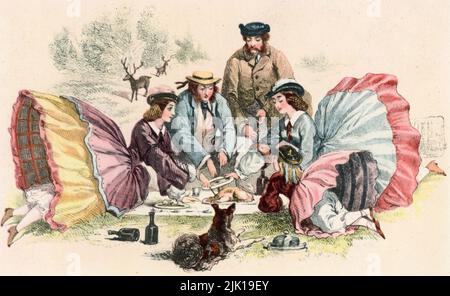 Ein viktorianisches Picknick, c1860. Die Engländer ließen das "Jägermahl" bis nach 1806 unbenannt, als sie begannen, die meisten Mahlzeiten im Freien als Picknick zu bezeichnen. Das Picknick wurde im Laufe des 19.. Jahrhunderts immer beliebter. Die Picknickmenüs im „Book of Household Management“ von Frau Beeton, 1861, sind aufwendig und extravagant. Stockfoto