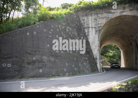 (220729) -- CHUNGCHEONGBUK-DO, 29. Juli 2022 (Xinhua) -- Eine Eisenbahnbrücke, auf der das No Gun Ri-Massaker stattfand, ist am 28. Juli 2022 im Yeongdong County in Chungcheongbuk-do, Südkorea, mit Einschusslöchern markiert, die durch weiße Linien hervorgehoben wurden. Das No Gun Ri-Massaker, einer der tödlichsten Angriffe der US-Armee während des Koreakrieges, war tief in der Geschichte begraben worden, bis die Associated Press 1999 die schreckliche Tragödie aufdeckte. Nach dem Ausbruch des Krieges erlitten US-Truppen bald Rückschläge, während Truppen der Demokratischen Volksrepublik Korea (DVRK) marschierten Stockfoto