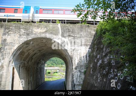 (220729) -- CHUNGCHEONGBUK-DO, 29. Juli 2022 (Xinhua) -- Ein Zug fährt auf einer Eisenbahnbrücke mit weißen Linien, die die Einschusslöcher markieren, die während des Massakers No Gun Ri im Bezirk Yeongdong in Chungcheongbuk-do, Südkorea, am 28. Juli 2022 hinterlassen wurden. Das No Gun Ri-Massaker, einer der tödlichsten Angriffe der US-Armee während des Koreakrieges, war tief in der Geschichte begraben worden, bis die Associated Press 1999 die schreckliche Tragödie aufdeckte. Nach dem Ausbruch des Krieges erlitten die US-Truppen bald Rückschläge, während die Streitkräfte der Demokratischen Volksrepublik Korea (DVRK) voranmarschierten. Stockfoto