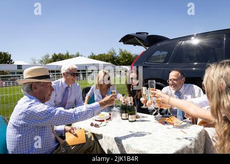 Allgemeine Ansichten der Rennfahrer am vierten Tag des Qatar Goodwood Festival 2022 auf der Goodwood Racecourse, Chichester. Bilddatum: Freitag, 29. Juli 2022. Stockfoto