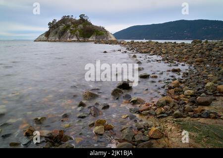 Whytecliff Island West Vancouver BC. Die Insel Whyte im Whytecliff Park ist bei Ebbe zum Klettern und Erkunden zugänglich. West Vancouver, British Co Stockfoto