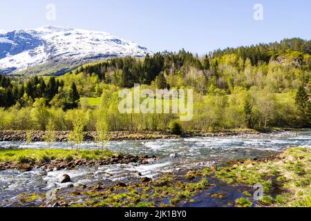 Gletscherschmelzwasser aus dem Kjenndal-Gletscher, Norwegen Stockfoto