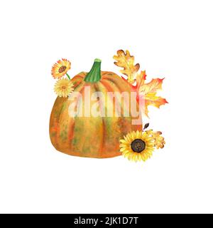 Ein Herbstgarten Komposition. Eine Reihe von Aquarell-Illustrationen zum Thema Herbsternte. Bunte Kürbis-, Sonnenblumen-, Eiche- und Ahornblätter Stockfoto