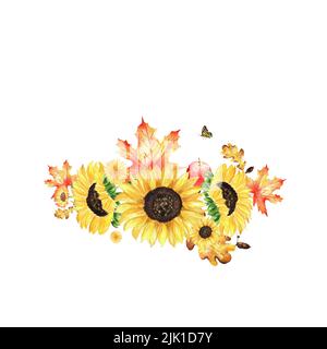 Ein Herbstgarten Komposition. Eine Reihe von Aquarell-Illustrationen zum Thema Herbsternte. Gartenzusammensetzung aus Sonnenblumen, Ahorn und Eiche l Stockfoto