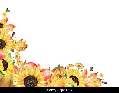 Ein Herbstgarten Komposition. Aquarell-Illustrationen zum Thema Herbsternte. Gartenecke mit Sonnenblumen, Ahorn- und Eichenblättern, Stockfoto