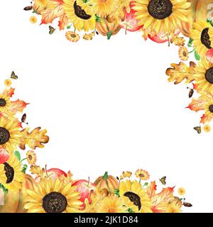 Ein Herbstgarten Komposition. Aquarell-Illustrationen zum Thema Herbsternte. Garteneckrahmen mit Sonnenblumen, Ahorn- und Eichenblättern, Stockfoto