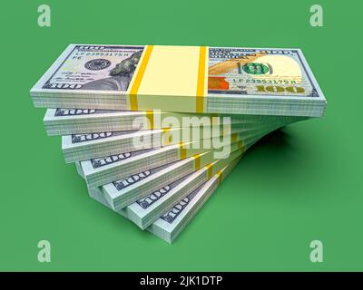 Große Geldstapel aus Dollar. Konzept der US-Dollar-Finanzierung. 3D Rendern Stockfoto