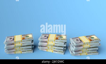 Große Geldstapel aus Dollar mit leerem Hintergrund. Konzept der US-Dollar-Finanzierung. 3D Rendern Stockfoto